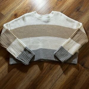 White, tan, grey striped sweater